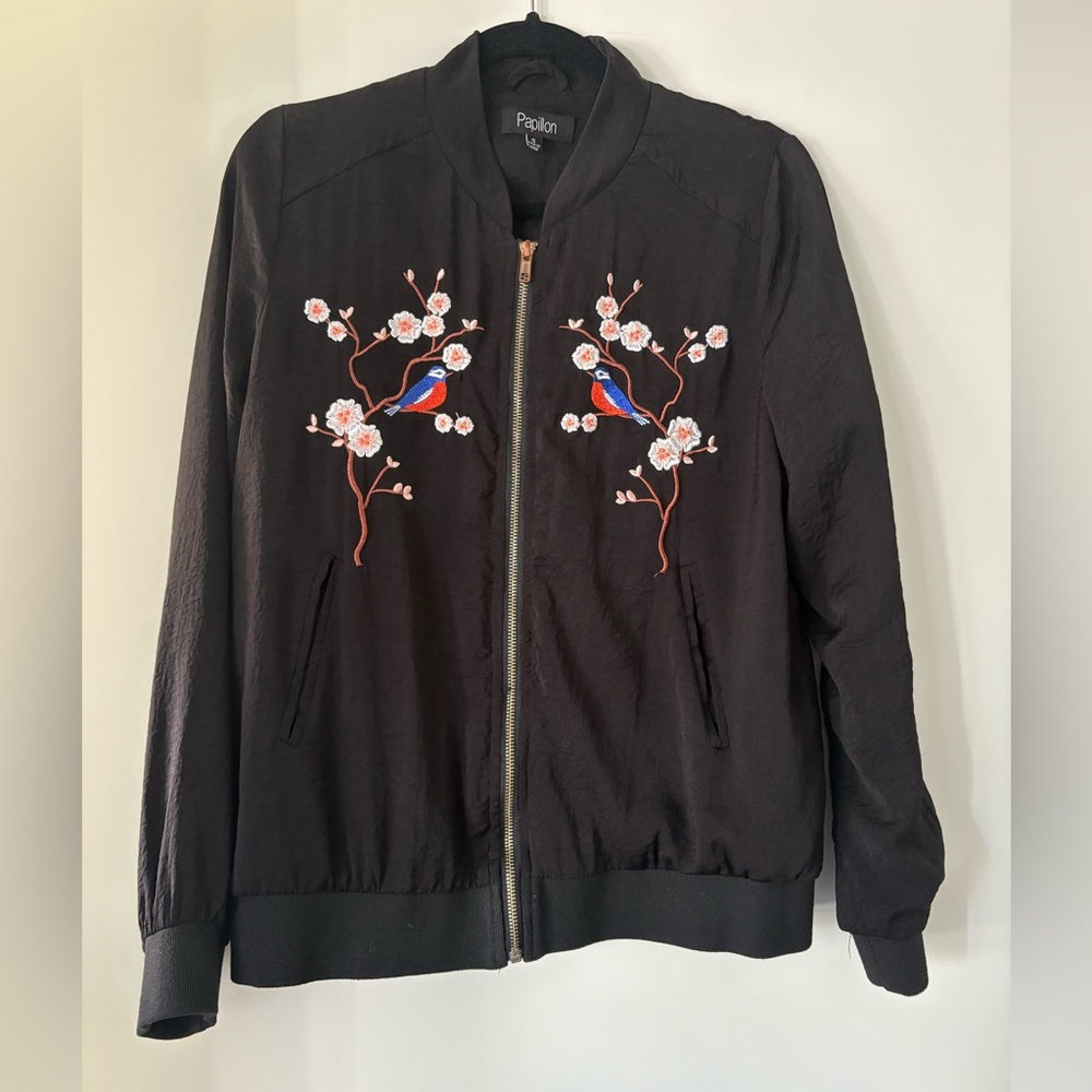 Papillon Blanc Black Bomber Jacket with Bird Embroidery